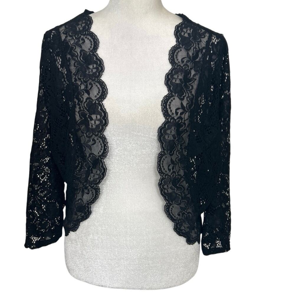 Y2K Black Sheer Floral Lace Bolero Whimsigoth Shrug Cropped Indie Layering M